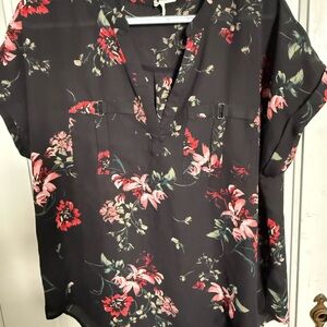 Maurices Black Floral Blouse with Red and Pink Accents